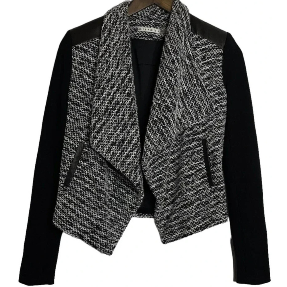 Alice Olivia Burma Drape Lapel Jacket Black White‎ Open Tweed Leather Shoulder 2 - Picture 3 of 12